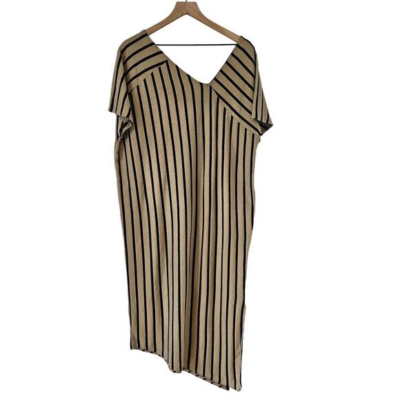 Zara Linen Blend Knit Asymmetrical Boxy Midi Dress XS Tan Black Stripe V-Neck - Picture 1 of 6